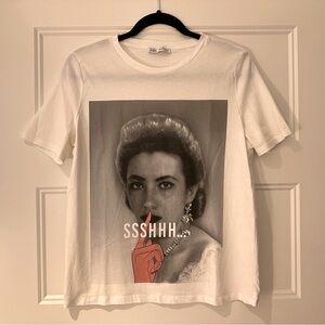 NWT Small Zara White Graphic Queen of England Tee with Rhinestones